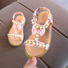 Летние сандалии с жемчугом для маленьких девочек, модельные туфли с бантом, расшитые бусинами, сандалии на плоской подошве для маленьких девочек, От 1 до 6 лет, 2019 2024 - купить недорого