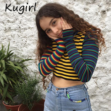 Kugirl-camisetas a rayas de color para mujer, a la moda tops cortos, camisetas de manga larga harajuku, retales, camiseta ajustada 2024 - compra barato