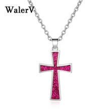 WalerV New for Women Set High Quality Imitation Blue Red Fire Opal Pendant Belief Christian Cross Shape 18 Inches Free Necklace 2024 - buy cheap