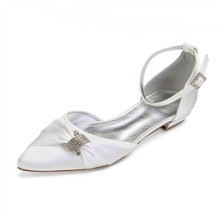 Sapatos de casamento baixos de cetim confortável, bico fino, tornozelo, fivela, cristais, baile, noite, formal, festa, vestido, baixo 2024 - compre barato