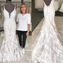 2019 boêmio vestidos de casamento cintas de espaguete rendas apliques vestidos de noiva feitos sob encomenda varredura trian sereia vestido de casamento 2024 - compre barato