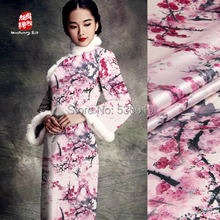 High quality pink Plum flowers prints 97% mulberry silk fabric 3% stretch satin fabric summer haute couture fabrics wholesale 2024 - buy cheap