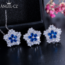 ANGELCZ-Conjunto de collar y pendientes de plata para mujer, juego de joyería con diseño de copo de nieve, azul real, cristal austriaco clásico, AJ037 2024 - compra barato