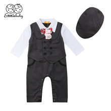 Romper for Baby Boy Newborn Infant Toddler Kid Formal Long Sleeve Bowknot Tie Party Pageant Jumpsuit Hat Outfit 3-24M 2Pcs 2024 - buy cheap