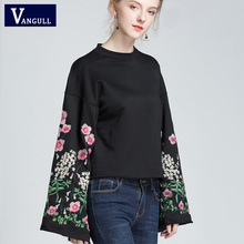 Vangull Women Embroidery floral pattern black sweatshirts long wide sleeve Spring Autumn pullover vintage loose casual tops 2024 - buy cheap