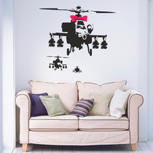 Banksy-3 helicópteros y lazo rosa, vinilo negro extraíble, arte de pared, calcomanía, dormitorio, sala de estar, hogar, ventana, B071 2024 - compra barato
