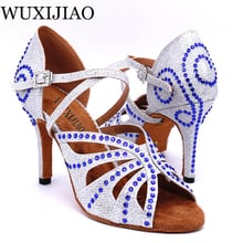 WUXIJIAO Women's latin Dance Shoes Satin rhinestone Party dance shoes Salsa Dance Shoes heel 9cm  Gold/silver color Soft bottom 2024 - buy cheap