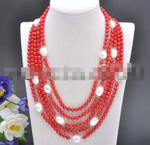 Hot selling free shipping*******5Row 17- 21" Red Round Coral White Baroque Pearl Necklace 2024 - buy cheap