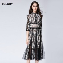 New Luxury Women Clothing Dress 2020 Spring Allover Hollow Out Lace Embroidery 3/4 Sleeve Mid-Calf Length Party Tunic Dresses 2024 - buy cheap