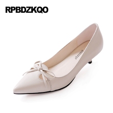 2021 Pumps Kawaii Work Beige Size 33 4 34 High Heels Kitten Bow Ladies Low Shoes Medium Pointed Toe Summer New China Fashion 2024 - buy cheap