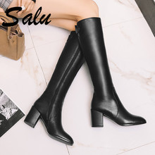 Salu Brand Classic Design Knee High Women Boots High Heels Buckles Motorcycle Boots Genuine Leather Long Shoes Woman 2024 - buy cheap