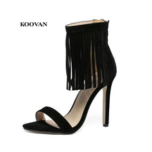 Koovan Women Sandals 2018 Sexy Suede Fringed Tassel Buckle 11cm Utra High-heeled Sandals Women Summer Shoes Pumps Ladies Rome 2024 - buy cheap