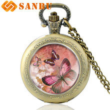 Beautiful Pink Butterfly Charm Necklace Pocket Watch Vintage Men Women Antique Jewelry Quartz Necklace Watches 2024 - buy cheap