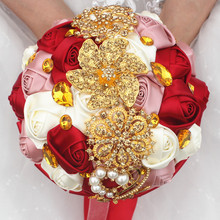 Handmade Do Vintage Nupcial Bridemaids Bouquets De Casamento Buquê De Cetim Rosa Flor de Cristal Dourado Strass Broche Floral Decorativo 2024 - compre barato