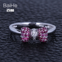 BAIHE Genuine Sterling Silver 925 0.45CT H/SI Round Natural Diamonds Ruby Ring Women Fine Jewelry Bowknot Ring Engagement Gift 2024 - buy cheap