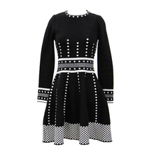 PERHAPS U Black And White O Neck Full Long Sleeve Fit And Flare Geometric Knitted Knee Length Autumn Winter Dress Elegant D0752 2024 - buy cheap