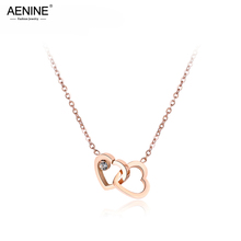 AENINE Double Heart CZ Crystal Chain Link Pendant Necklaces Jewelry Titanium Steel Rose Gold Choker Necklace For Women AN18058 2024 - buy cheap