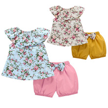 baby girl summer outfit sleeveless floral print tops+shorts 2 piece newborn clothing new born suit toddler infant set red blue 2024 - compre barato