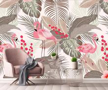 Papel de parede 3d personalizado com grande escala, parede de fundo de tv com folhas tropicais de flamingo pequeno fresco e nórdico 2024 - compre barato