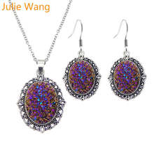 Julie Wang-Conjunto de pendientes y collar de cabujón Druzy de imitación, de resina ovalada, colgantes de aleación, Gargantilla para mujer, regalos de fiesta 2024 - compra barato