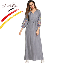ArtSu Boho Floral Embroidery Maxi Dress Women 2018 Striped Vintage Ethnic Loose Vestido V-Neck Casual Dresses With Belt PlusSize 2024 - buy cheap