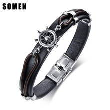 Boat Rudder Shape Stainless Steel Black Bracelet with Genuine Leather For Men Fashion High Quality Bracelets Jewelry Chain Gifts 2024 - buy cheap