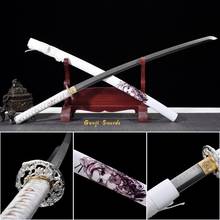 Белая красивая японская катана T10 ручной работы, стальная глина, закаленный настоящий самурайский меч с зернистой кромкой 2024 - купить недорого