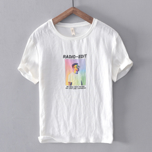Camiseta de algodão e linho masculina, camiseta casual com costura branca, verão, 2019 2024 - compre barato