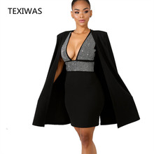 Texifoi-conjunto de terno feminino com capa, blazer, casaco básico com lantejoulas, sem mangas, mini vestido, 2 peças 2024 - compre barato