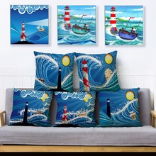 Cartoon Ocean Lighthouse Print Throw Pillow Cover 45*45cm Square Cushion Cover Linen Pillow Case Sofa Home Decor Pillows Cases 2024 - buy cheap