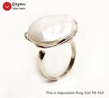 Qingmos-anillos de perlas naturales blancas para mujer, con moneda redonda de 20mm, placa de plata, anillo de Metal, anillo de joyería ajustable #8-10 r46 2024 - compra barato