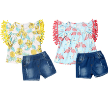 Комплекты летней одежды для маленьких девочек, футболка с коротким рукавом и кисточками в виде ананаса, топ, джинсовые шорты, комплект одежды 2024 - купить недорого