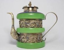 Tetera de Jade Artificial con incrustaciones de animales, exquisita manualidad china, Plata tibetana, Verde 2024 - compra barato