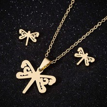 Fashion Gold Color Dragonfly Stud Earrings Animal Necklace Pendant for Women Stainless Steel Jewelry Set Ladies Gift 2024 - buy cheap