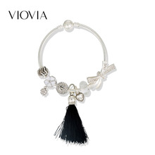 VIOVIA Silver Color Bangles With Tassel Beads of Flowwer for Women Bransoletki Damskie Fit Original Bracelets Pulseira B19054 2024 - buy cheap