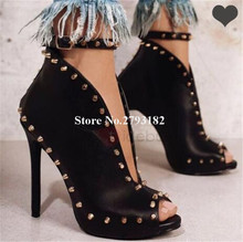 New Design Women Fashion Peep Toe Black Nude Gold Rivet Short Gladiator Boots V-cut Ankle Strap Thin High Heel Ankle Booties 2024 - buy cheap