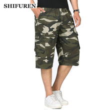 Shifuren calças curtas militares de camuflagem, nova calça de verão solta com cintura elástica e muitos bolsos para homens, tamanho grande 2024 - compre barato