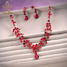 Conjunto de joyería nupcial con diseño de gota de agua, collar y pendientes de cristal rojo, joyería para fiesta y boda 2024 - compra barato