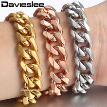 Davieslee Bracelets For Men Rose Gold Silver Color Curb Cuban Link Chain Stainless Steel Men Bracelet 2018 Jewelry 14mm LKBM25 2024 - buy cheap