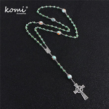 KOMi Handmade Grass Stone Bead Cross Pendant Necklace Rasary Religious Catholic Necklace Jewelry Best Gift Wholesale R-148 2024 - buy cheap