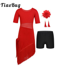 TiaoBug Kids Teens Tassels Latin Dance Dress with Shorts Earrings Headwear Set Girls Mesh Splice Ballroom Rumba Tango Dance Wear 2024 - buy cheap
