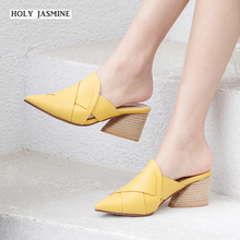 Thick Medium Heels Slippers Women Summer 2019 New Fashion Ladies Pointed Toe Mules Shoes Leather Slides Unusual Shoe Footwear 2024 - buy cheap