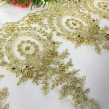 Tela de encaje de boda con lentejuelas, bordado de malla dorado hecho a mano, accesorios para coser ropa de Vestido de encaje, 1-2 yardas por lote 2024 - compra barato
