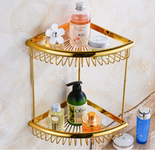 Prateleira de canto de banheiro dupla camada dourada e bronze com gancho para robe suporte para cesta banheiro sabão prateleira para shampoo 2024 - compre barato