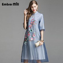 The New summer Chinese style embroidery big flower fashion women dress Loose lady cheongsam dress S-XL 2024 - buy cheap