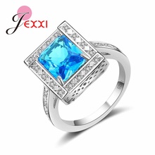 Diseño geométrico forma cuadrada azul cielo cristal austriaco anillos de fiesta para mujeres Plata de Ley 925 joyería nupcial de la boda 2024 - compra barato