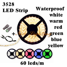 Faixa de luz impermeável flexível smd 3528, fita de luz com 60leds por metro + 2 peças adaptador dc + 1 peça divisor de energia de 1 a 2 lâmpadas
