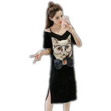 Lovely Cat With Glasses Printed Dress For Women Summer Sexy Striped Short Sleeve Party Dresses Soft V-Neck Dress DF2489 2024 - buy cheap