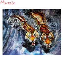 Pintura de diamante animales "tiger swimming", mosaico bordado de diamantes 5D Diamante de imitación redondo cuadrado completo para la decoración del hogar de cuadros 2024 - compra barato