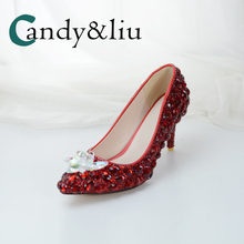 Red Crystal Wedding Shoes Rhinestone Pearl Beaded Chunky Heel Spike Pointed Toe Slip-on for Party Banquet Evening Dress Handmade 2024 - buy cheap